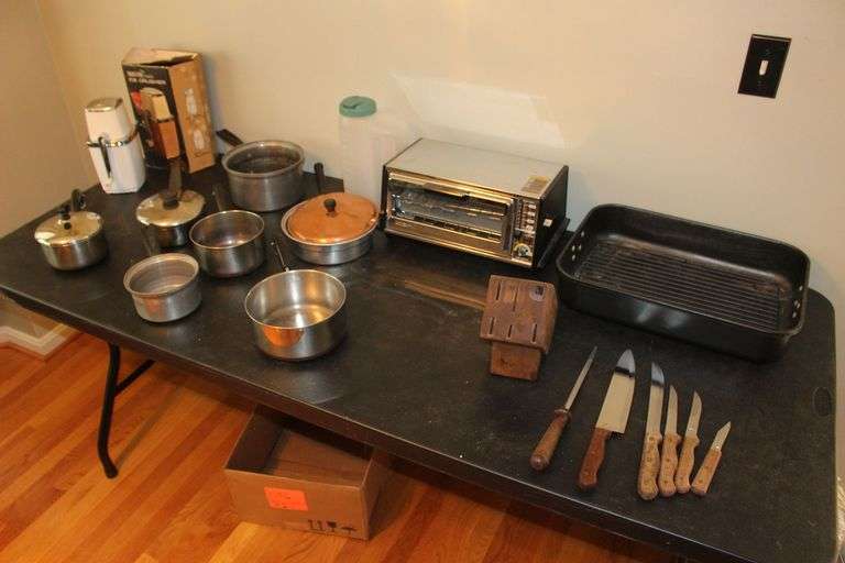 Ice Crusher, Pots, Pans, Toaster Oven, Knife Set, Roasting Pan, and Misc. image