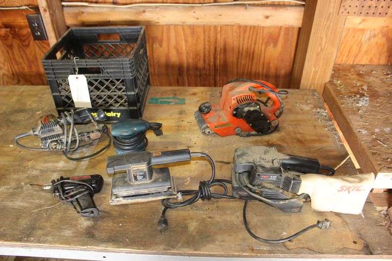 Weller Solder Gun, (2) Skil Belt Sanders, (2) Black and Decker Finish Sanders, and 4 In. Belt Sander image