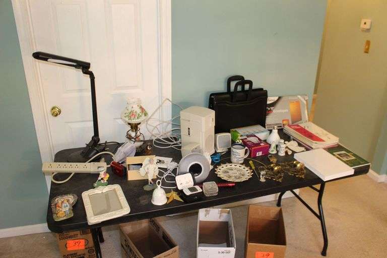 9 In. x 12 In. Clasp Envelopes, Light Bulbs, Altec Computer Speakers, Floral Lamp with Shade, Figurine, Briefcase, Bell, and Misc. image