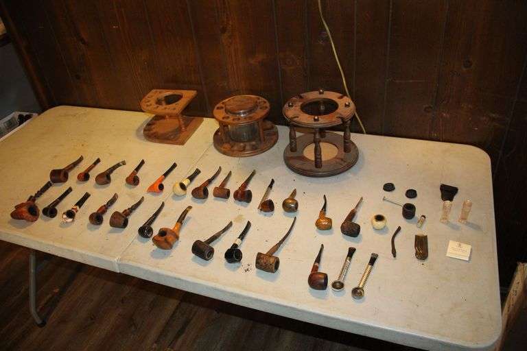 (3) Pipe Stands, Humidor, (25) Pipes, and Misc. Parts image