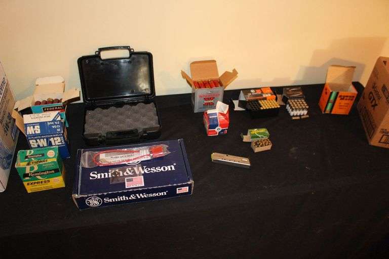 Federal Field Load, Power Mate, S&W, Remington, and Winchester 12 Gauge Shotgun Shells, High Performance Hardshell Case, Smith and Wesson Pistol Box, .177 Cal Pellets, RWS .38 Special Bullets, Gold Dot .38 Special Bullets, Smith and Wesson Magazine, and Thunderbolt .22 Long Rifle Bullets image