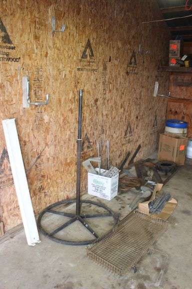 Copper Pipe, Metal Braces, Bar Rail, Umbrella Stand, Light Fixture, Carlisle 4.80-8 NHS Tire, and Misc. Scrap Metal image