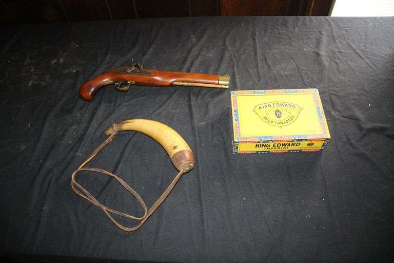 Flintlock Replica Pistol, Powder Horn, and King Edward Cigar Box image