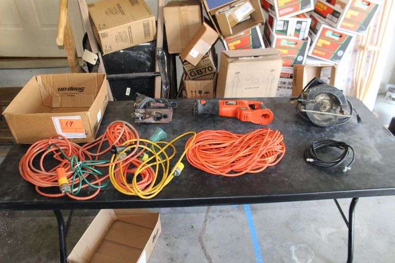 Black and Decker Circular Saw, Craftsman Jigsaw, 14 V Black and Decker Reciprocating Saw, and Electrical Cords image