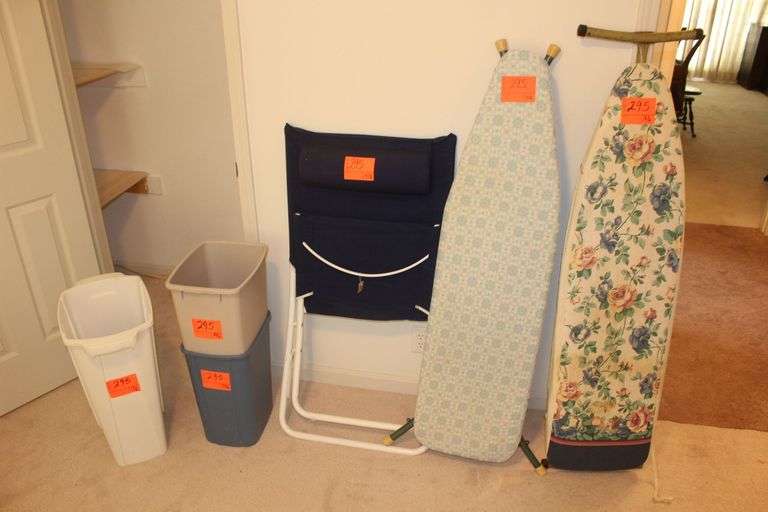 (2) Ironing Boards, (3) Trash Cans, Folding Lawn Chair, and (2) Waste Baskets image