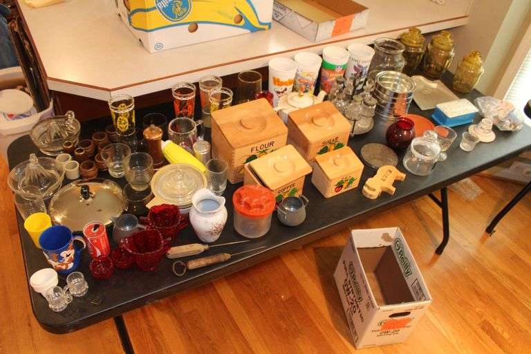Glasses, Canister Set, Sport Cups, Wooden Boxes, Lemon Squeezers, Oil & Vinegar Set, and Misc. image