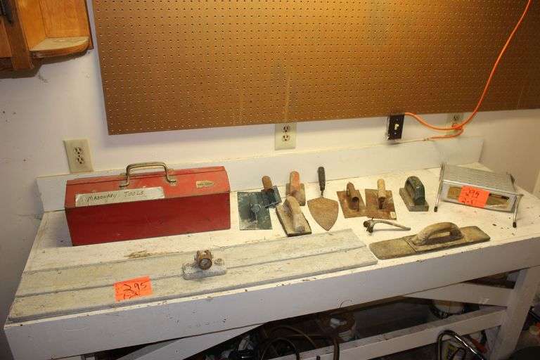 Metal Tool Box, Portable Step, Bull Float, and Concrete Trowels image