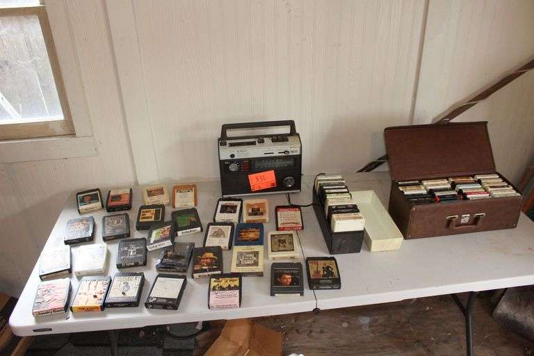 8 Track Tapes, 8 Track Tape Case, and Alaron Radio 8 Track Player image