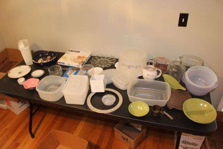 Cake Carrier, Bowls, Plastic Ware, Pyrex Measuring Cup, and Misc. image