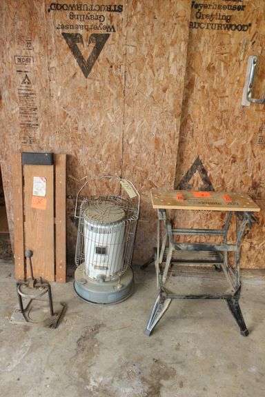 Creeper, Workmate 200 Working Station, Paint Shaker, and Envirotemp Kerosene Heater image