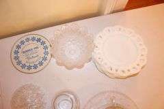 Glass Snack Plate and Cup, Candy Dishes, Milk Glass Serving Plates, Trivets, Lightbulbs, and Misc. Glassware