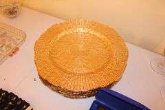 Chargers, Wine Glasses, Glass Serving Plates, Champagne Glasses, Candy Dish, Porcelain Egg, and Misc.