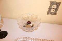 Chargers, Wine Glasses, Glass Serving Plates, Champagne Glasses, Candy Dish, Porcelain Egg, and Misc.