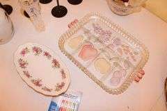Chargers, Wine Glasses, Glass Serving Plates, Champagne Glasses, Candy Dish, Porcelain Egg, and Misc.