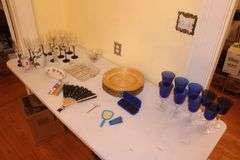 Chargers, Wine Glasses, Glass Serving Plates, Champagne Glasses, Candy Dish, Porcelain Egg, and Misc.