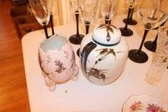 Chargers, Wine Glasses, Glass Serving Plates, Champagne Glasses, Candy Dish, Porcelain Egg, and Misc.