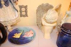 Jeanie Rub Massager, Electric Iron, Porcelain Dolls, Decorative Plates, Candy Dish, Figurines, Kewpie Doll, and Misc.