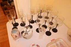 Chargers, Wine Glasses, Glass Serving Plates, Champagne Glasses, Candy Dish, Porcelain Egg, and Misc.