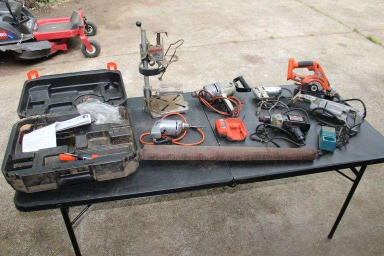 Black and Decker 18V Circular Saw, Milwaukee Sawzall, Craftsman 1/2 in Drill, Black and Decker Case with Screwdriver, (2) Corded Drills, Battery Chargers, and Reciprocating Saw image
