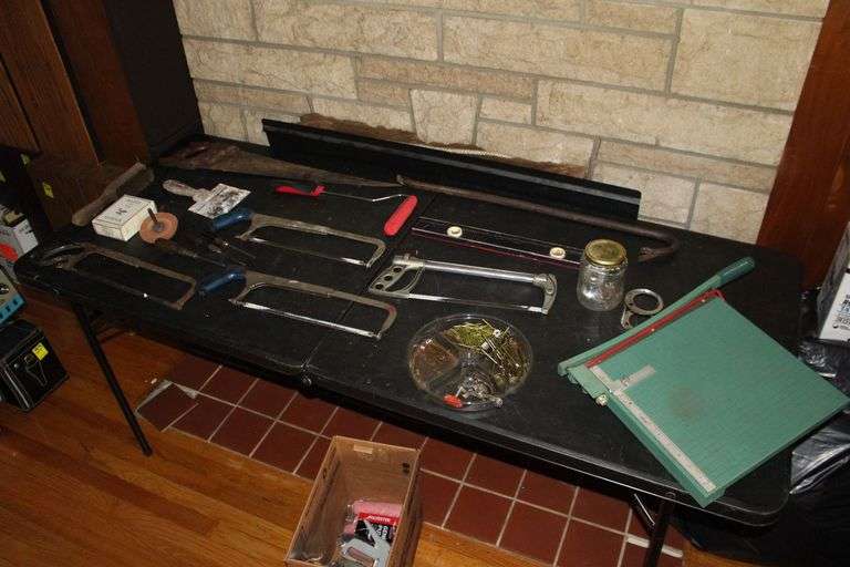 Hand Saw, (4) Hack Saws, Level, Crowbar, Paper Cutter, Rapid Cue Top Sander, Wire Brush, Nails, Paint Rollers, Screwdrivers, and Misc. image