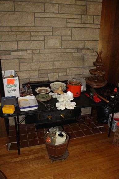 QST Magazines, Crock Pot, 3 Tier Monkey Pod Lazy Susan Serving Tray, Sterlite Cake Carrier, Candle Hanger, Bucket on Wheels, Decanters, Plates, Double Level Corker, Franciscan Plates, and Misc. image