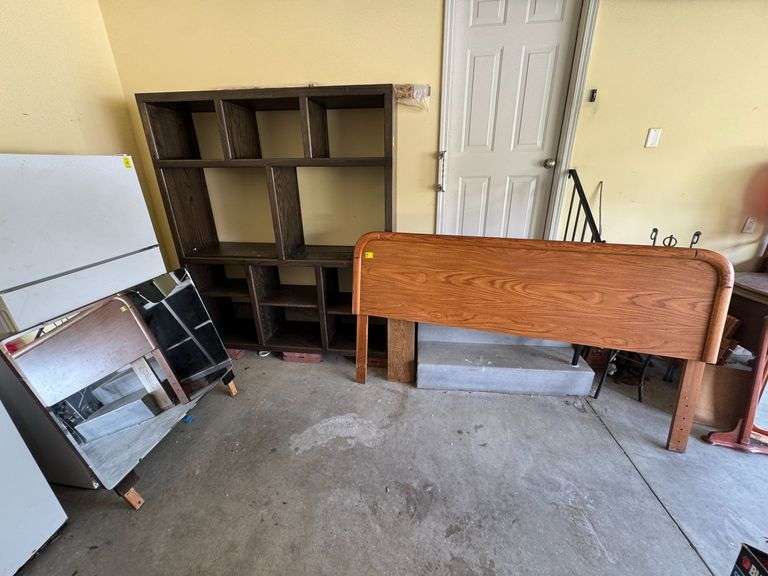 King Size Headboard, Wooden Cubby Shelf, 7.5 Inch W Table Leaf, and Dresser Mirror image