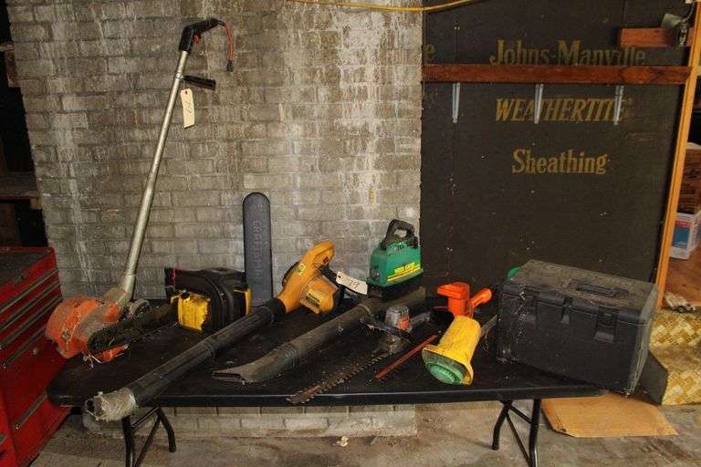 Weed Eater Gas Leaf Blower, Weed Eater Edge Trimmer, Paramount Blower, McCulloch 18 Inch Chain Saw, (2) Black and Decker Hedge Trimmers, Craftsman Plastic Tool Box, and Black and Decker Edger image