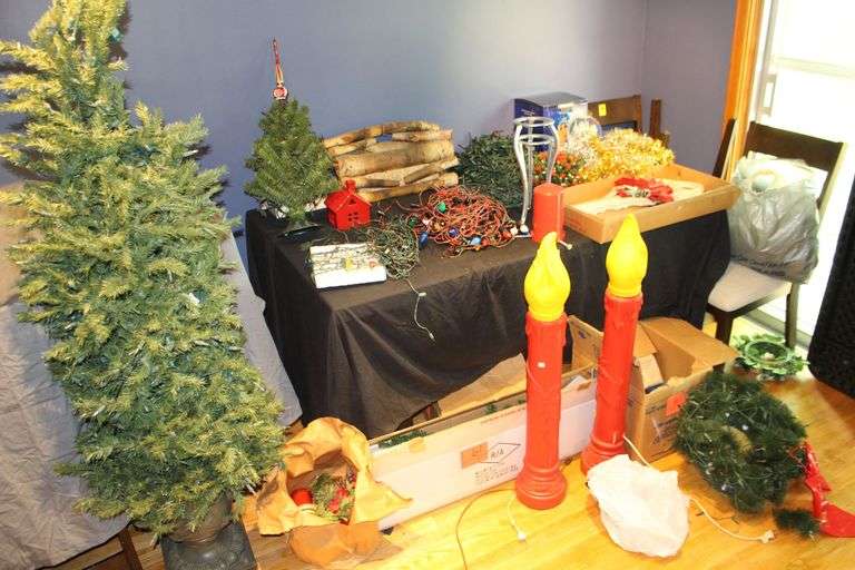 Musical Water Globe with Revolving Base, Christmas Lights, Key Decoration, 4 Ft Christmas Tree, Little Red House Decoration, Electric Wood Stove Decoration, 6 Ft Christmas Tree, (2) Candle Decorations, Wreaths, and Misc. Christmas Decorations image