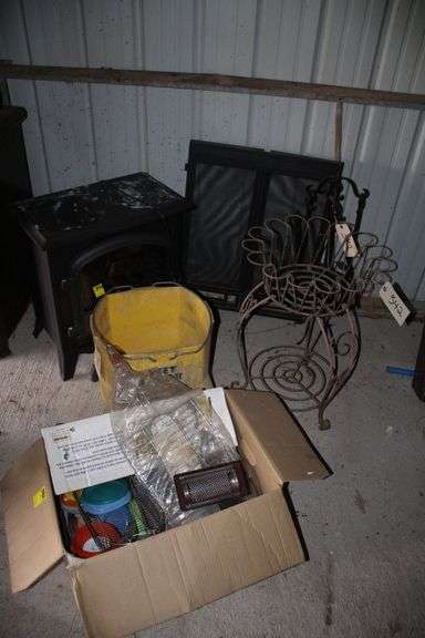 Metal Flower Pot Stand, Fireplace Utensil Stand and Utensils, 30 in W x 24 in T Fireplace Door, Dimplex Electric Fireplace, Mop Bucket, Plastic Containers, Cheese Grater, and Misc image