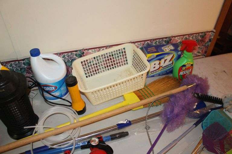 Cosco Step Stool, Broom, Mop Handle, Dunaga Bug Light, First Aid Kit, Fly Swatters, Wet Forget Stain Remover, Ortho Weed Killer, Dusters, and Misc.