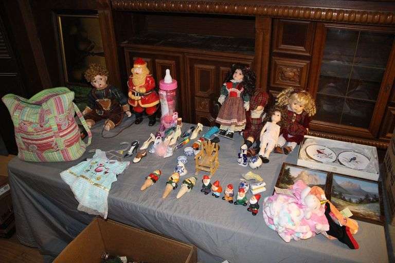 (4) Porcelain Dolls, Shoe Figures, Figurines, Baby Bottle Toy, Pine Cone Decorations, and Misc image
