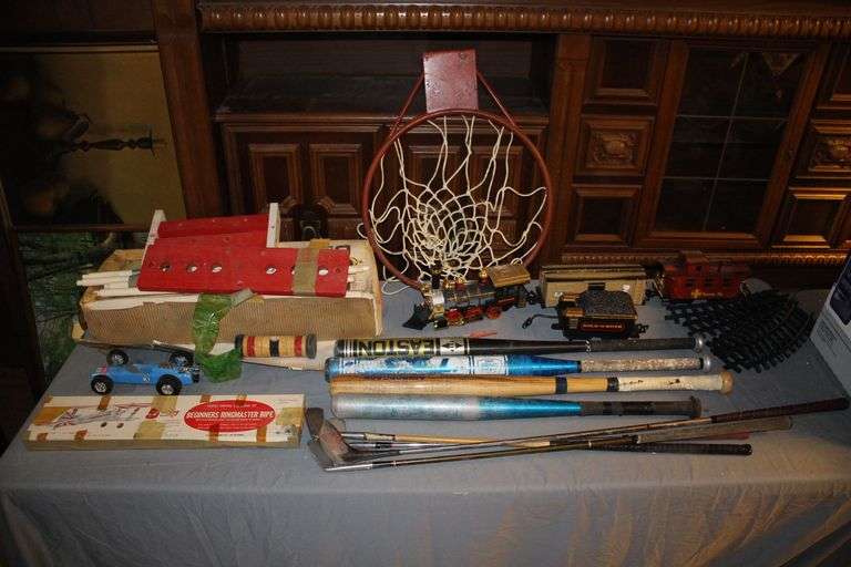 Gold Rush Train with Coal Cart, Caboose, Storage Cart, and Track Pieces, Basketball, Golf Clubs, Cricket Game Accessories, Model Plane, and Misc image