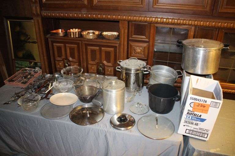 Stainless Canteen, Stainless Cooking Pot and Strainer, Metal Lunch Trays, Pressure Cooker with No Vent Weight, Forks, Spoons, Utensil Divider, Glass Bowls, and Misc image