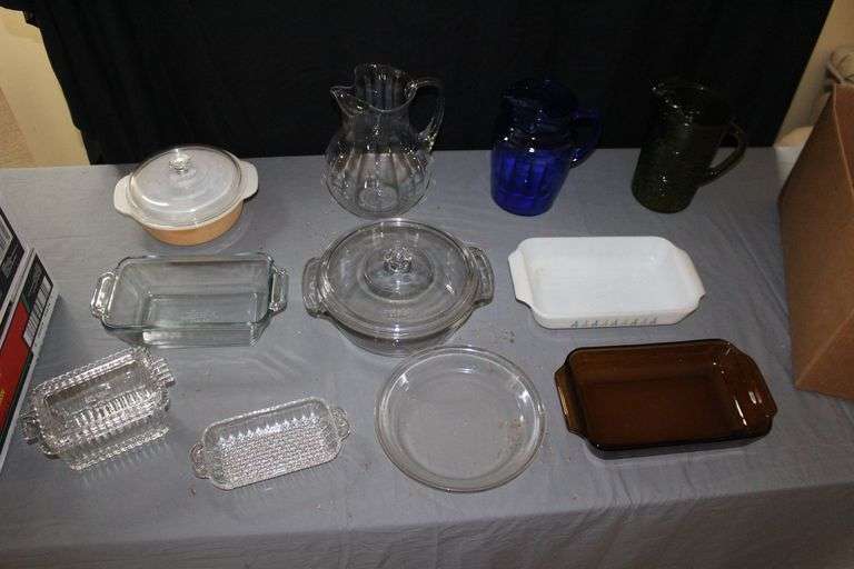 (3) Pitchers, Glass Baking Dish with Lid, Circular Fire King Baking Dish, Fire King Butter Tray with Lid, Anchor Baking Dish, and (2) Fire King Casserole Dish image