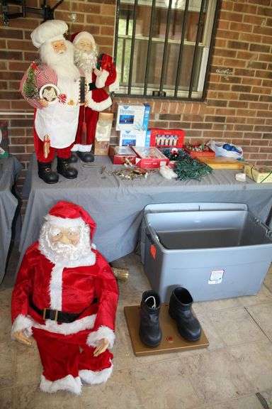 Ornaments, String Lights, Santa Statues, Electronic Standing Santa, and Misc Christmas Decorations image