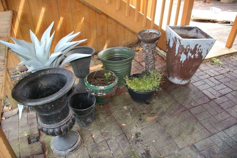 Cactus in Pot, Hanging Flower Pot, Plastic Bucket, (3) Planters, (2) Flower Pots, and Bird Bath image