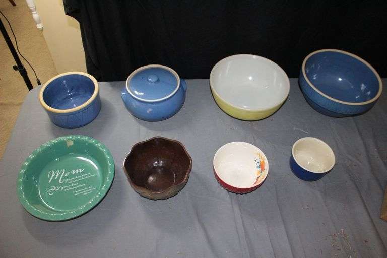 (3) Various Sized Stone Bowls, Pyrex Mixing Bowl, Stoneware Covered Baking Dish, (2) Bowls, and Decorative Bowls image