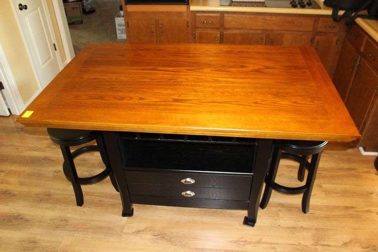 Oak Top Kitchen Island Cabinet with (4) Bar Stools image