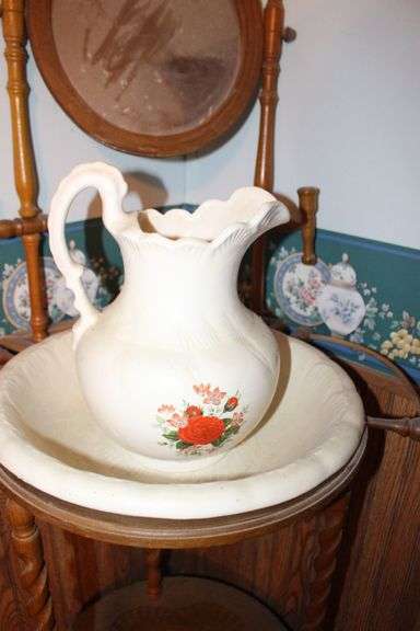 Wash Stand with Pitcher, Basin, and Mirror