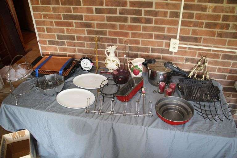 Smokeless Electric Griddle, Serving Plates, Cake Baking Pans, Crofton Pressure Cooker, Candles, Clock, Decorative Pitcher, and Misc image