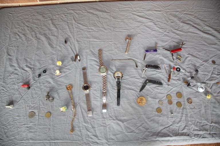 Elgen, Ironman, Helbros Watches, Shirt Pins, Token Coins, (4) Pocket Knives, Axe Lighter, and Misc image