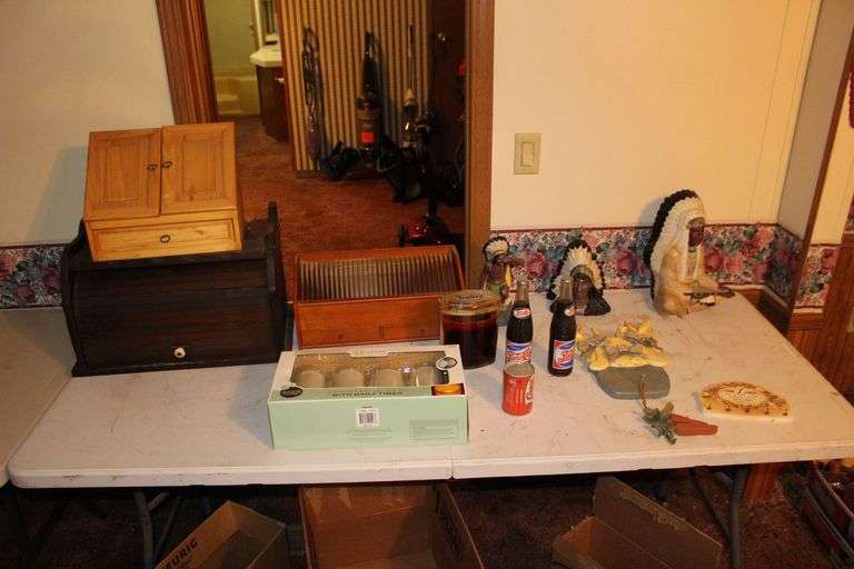 Wooden Bread Basket, Candles, Recipe Box, Spice Box, Pepsi Cola Bottles, Native American Figurines, and Misc. image
