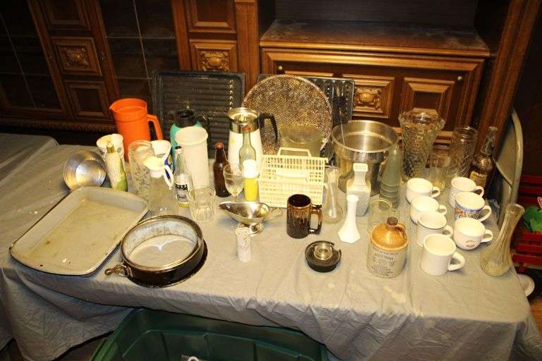 McCormick Platte Valley Corn Whiskey Stone Jug with Cork, Vases, Glass Pitcher, Glass Bottles, Percolators, Mugs, and Misc image