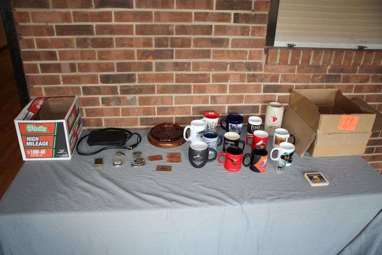 Coffee Mugs, Ashtray, Coasters, Pocket Watch, Lighter, Whistle, and Leather Wallet image