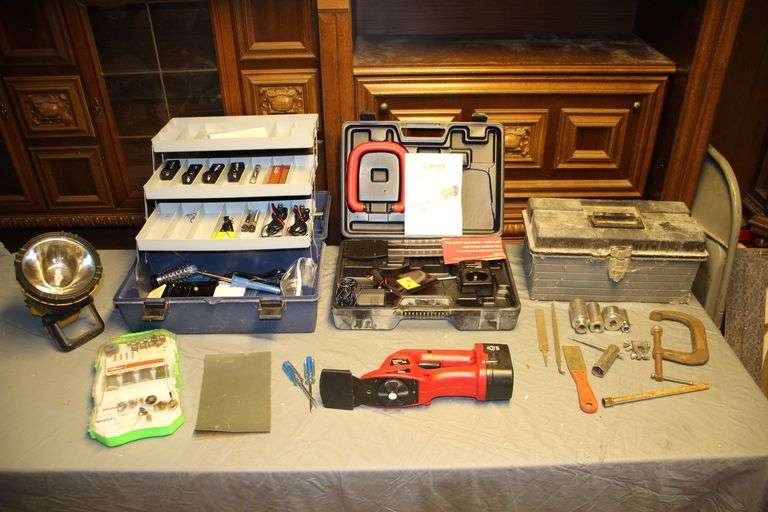 Hyper Tough Rotary Tool Pieces, Fix It Spot Light, Plastic Tool Box with Tray, Plastic Tool Box with Fold Out Trays, Kings Craft 18V Shear and Shrubber Combo with Case and Attachments, 1/2 and 3/8 Inch Deep Well Sockets, Files, C-Clamp, and Misc image