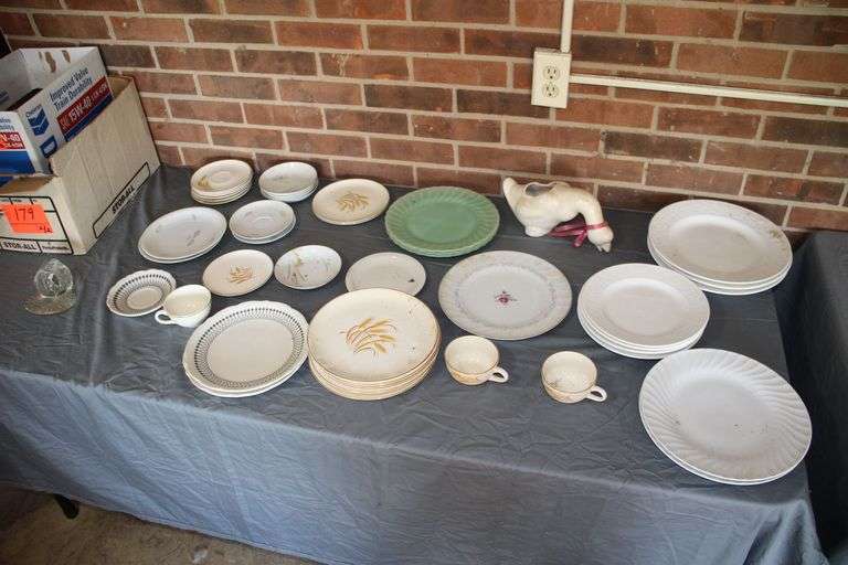 Martha Stewart Plates and Saucers, Lynns Plates, Golden Wheat Saucers and Plates, Fire King Plates, Turkey Candle Holder, and Goose Figurine image