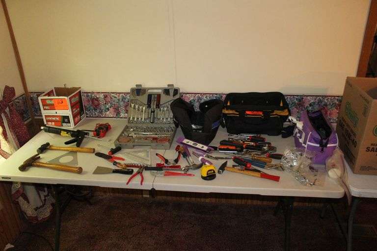 Ball Peen Hammer, Tool Kit, Speed Square, Claw Hammer, Caulk Gun, Pliers, Electrical Tester, Levels, Combination Wrenches, Tool Bags, and Misc. image