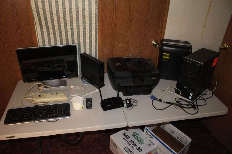 Amazon Basics Paper Shredder, 20 In HP Computer Monitor, HP Pavilion Computer Tower, HP Keyboard, HP Office Jet 5740 Printer, and Misc. image
