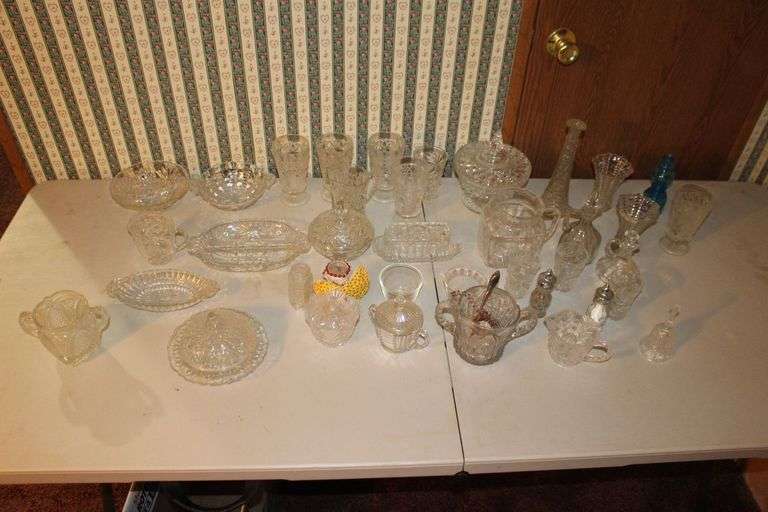 (2) Candy Dishes with Lids, Butter Dish, Desert Dishes, Candy Dishes, Vase, Salt and Pepper Shakers, and Misc. Glassware image