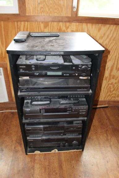 Kenwood Stereo Cabinet with Hitachi VHS Player, Kenwood KD-291R Turntable, Kenwood Multiple Disc CD Player, Kenwood Stereo Cassette Deck, and Kenwood AV Surround Sound Receiver image